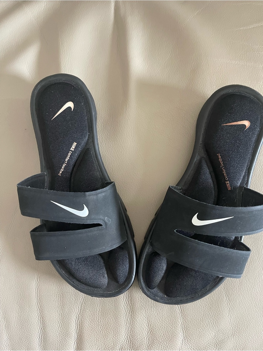Nike Black Dual-Strap Women's Slide Sandals with White Swoosh, size 7